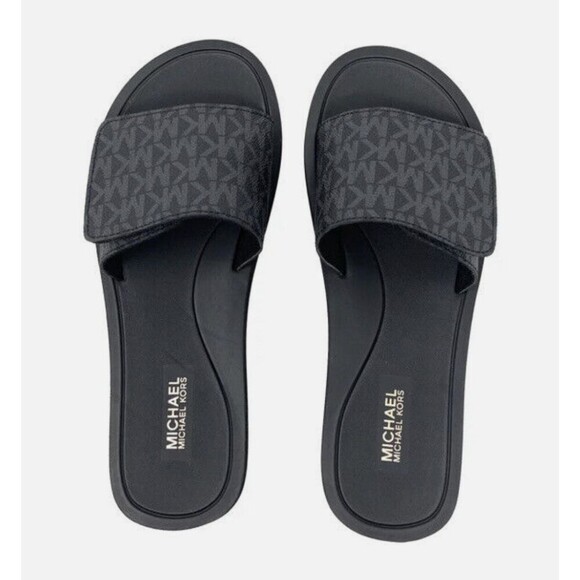 New MICHAEL KORS Wade Gray Repeat Logo Women’s Slide Sandals - Picture 1 of 17